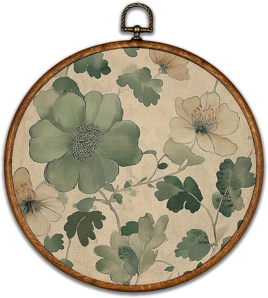 KSDUT Spring Floral Green Botanical Wall Decor Art - Flower Wall Art Canvas Frame Hanging Prints, Preppy Trendy Wildflower Round Wall Art Decor for Farmhouse Gallery Home Decorations 10"x10"
