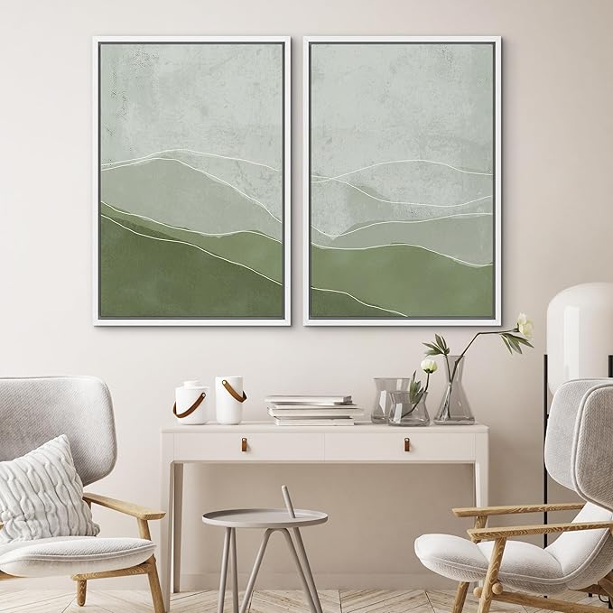 SIGNWIN Framed Wall Art Print Set Faded Green & Gray Wave Landscape Abstract Shapes Illustrations Modern Art Bohemian Relax/Calm Multicolor for Living Room, Bedroom, Office - 24"x36"x2 White
