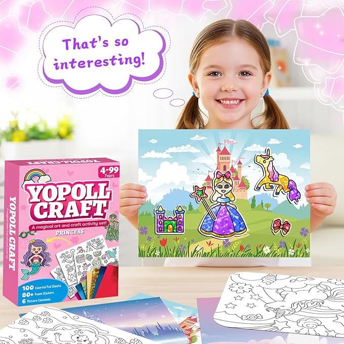 YoPoll Foil Art Craft Kits for Kids, Mess-Free DIY Creative Activity Set, Fun Arts and Crafts Toys for Boys & Girls, Peel & Press Foil Art Kit for Kids, Travel Toy and Birthday Gift (Princess)