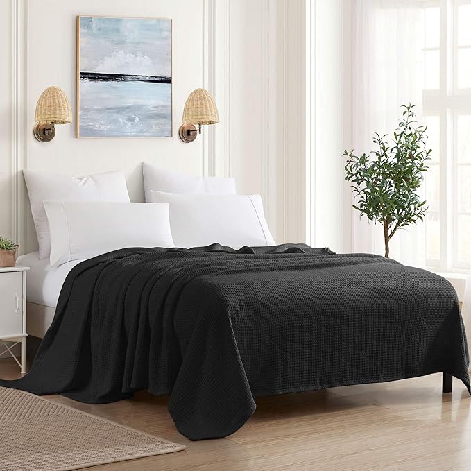 100% Fine Cotton Blanket Luxurious Weave Stylish Design Soft and Comfortable All Season Warmth, Full/Queen, Black (Pack of 6)