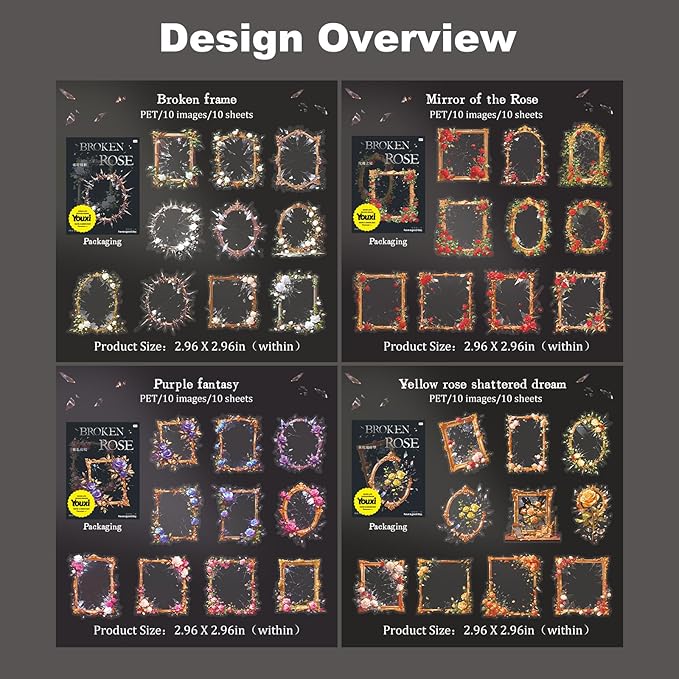 Broken Mirror Frame Stickers Set, 40PCS Gothic Rose PET Scrapbook Supplies for Journaling, DIY Crafts, and Planners