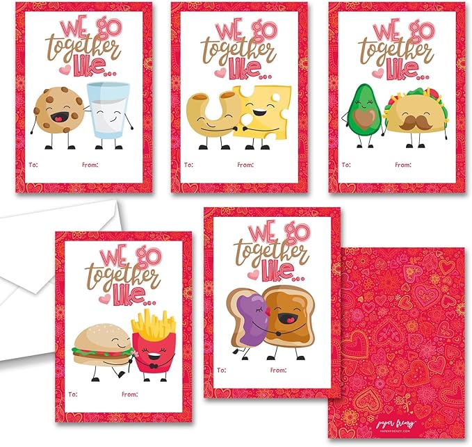 Paper Frenzy Food Themed We Go Together Like Valentine Cards WITH ENVELOPES - 25 Pack