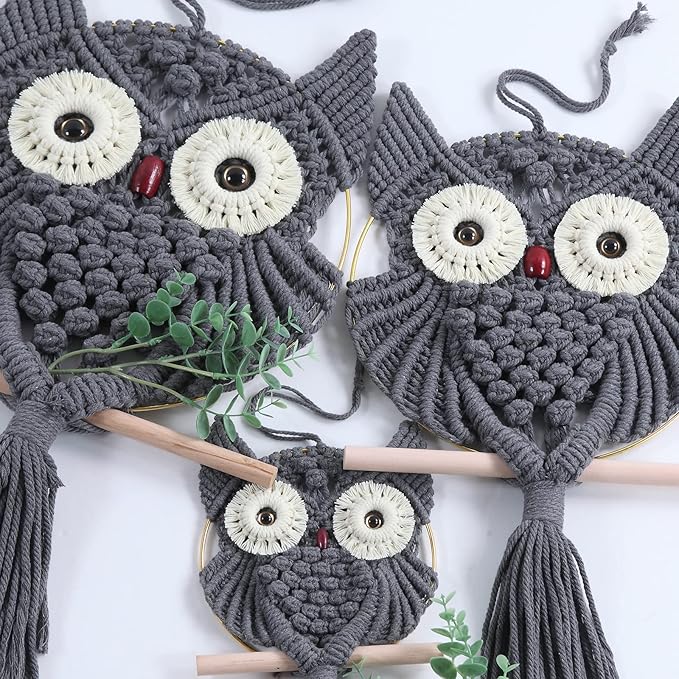 MVSUTA Owl Grey Cotton Handmade Macrame Wall Hanging Tapestry Home Decor Art and Gray Craft Wonderful Decoration Woven Boho Ornament for Office Bedroom Apartment Nursery Gallery,3pcs set:1pc L & 1pc M