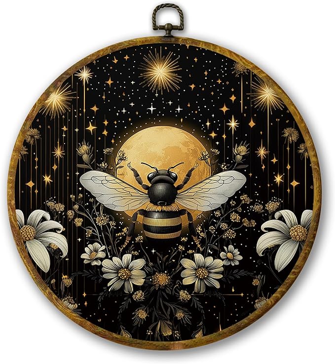 Mcehtle Vintage Bee and Moon Wall Art Decor, Moody Honey Bee Cottagecore Dark Framed Canvas Prints 10x10, Boho Academia Insect Round Wall Hanging Artwork Decorations for Gallery Bedroom Living Room