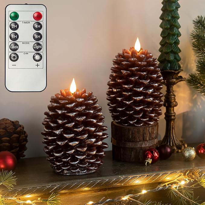Pinecone Flameless Candles with Remote Timer, 2 Pack Real Wax Battery Operated LED Candles for Christmas Decorations, Rustic Holiday Table Centerpieces, Winter Home Décor Brown