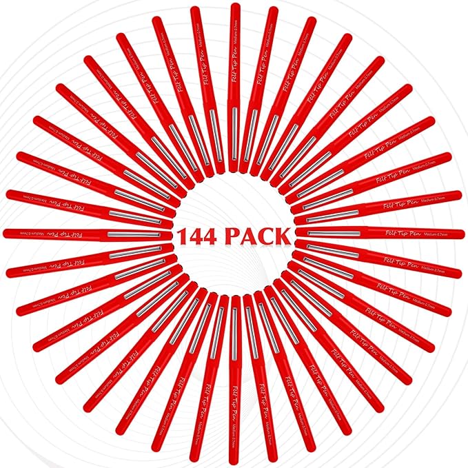 144 Pcs Red Felt Tip Pens 0.7mm Medium Point Pens Bulk, Felt Tip Markers for Journaling, Writing, Note Taking, Planner, Ideal for Office School Art Supplies Gift
