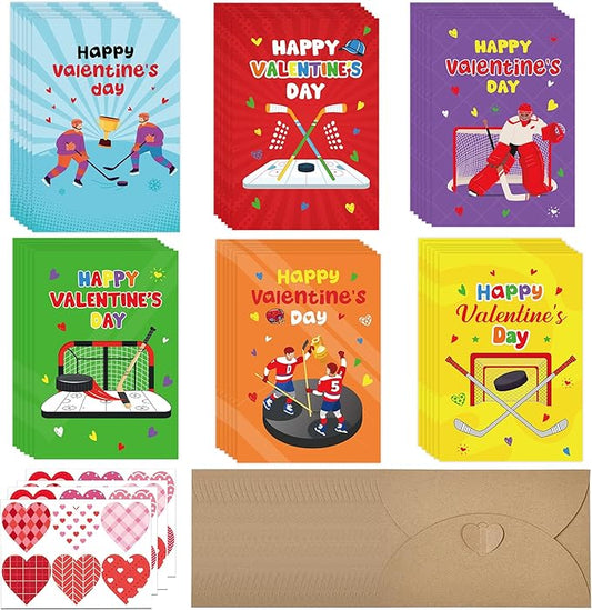 Valentine’s Day Cards for Kids Classroom, 36 Pcs Hockey Valentines Exchange School Set with Envelopes Heart Stickers, Sports Valentine Cards for Boys Girls Party Favors Gifts Exchange
