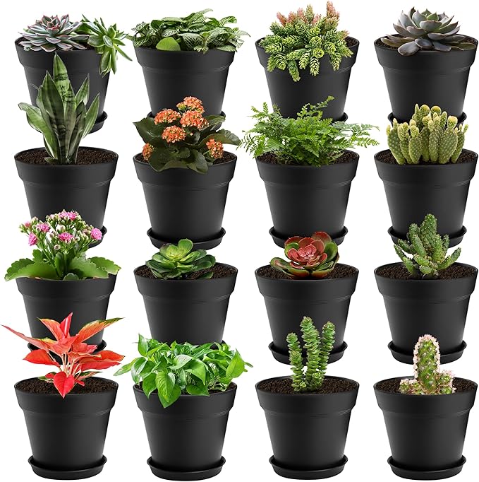 16 Pack Plastic Plant Pots with Drainage Holes and Tray, 4 inch Thickened Indoor Planters Seedlings Nursery Pots for Flowers, African Violet, Succulent and All House Plants, Black