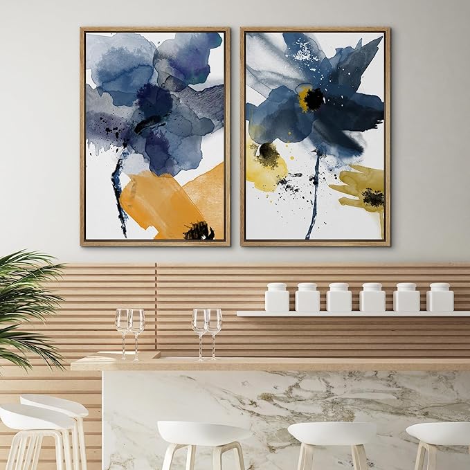 SIGNWIN Framed Wall Art Print Set Watercolor Splash Blue & Yellow Daisies Floral Botanical Illustrations Modern Art Chic Colorful Relax for Living Room, Bedroom, Office - 16"x24"x2 Natural