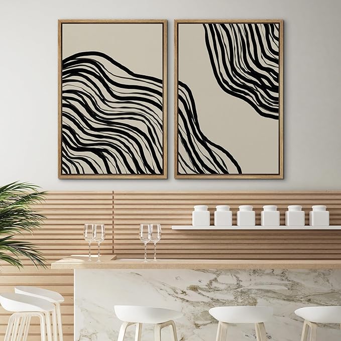 SIGNWIN Framed Canvas Print Wall Art Set Dark Geometric Spiral Wave Collage Abstract Shapes Cozy Neutral Modern Art Minimalism Decorative Nordic for Living Room, Bedroom, Office - 16"x24"x2 Natural