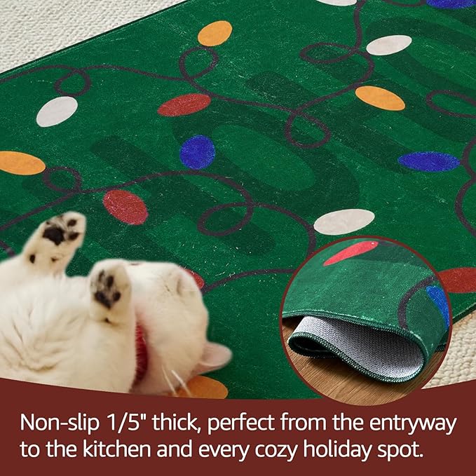 jinchan Jingle Lights Round Christmas Rug for Entryway Bedroom 4ft Green Circle Holiday Rug for Living Room Colored String Lights Printed 4' Xmas Decor Washable Indoor Carpet for Foyer Non-Slip