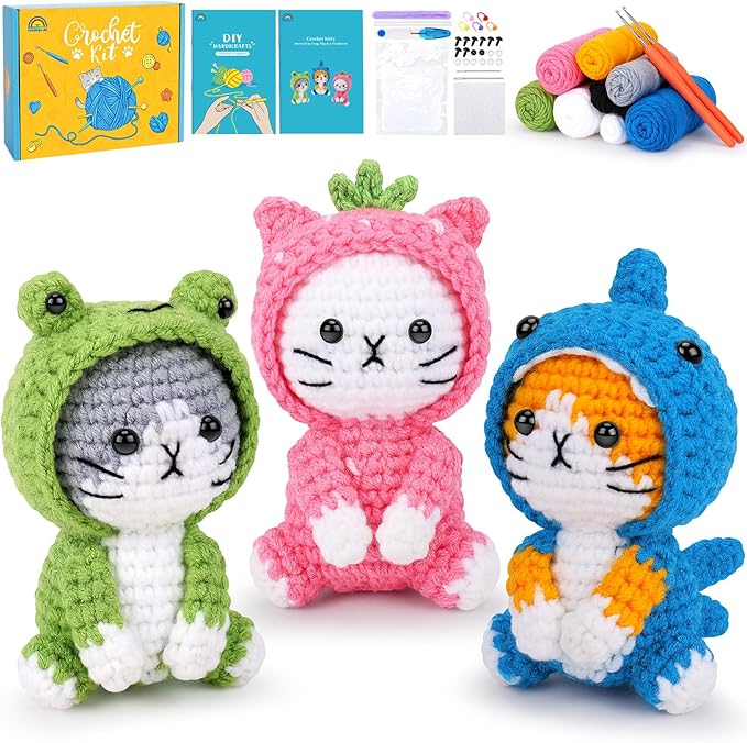 Crochet Kit for Beginners - 3 PCS Crochet Kits with Step-by-Step Video Tutorials, Beginner Crochet Kit for Adults, Crochet Animal Kit for Starters, Cat Dressed as Shark Frog Strawberry