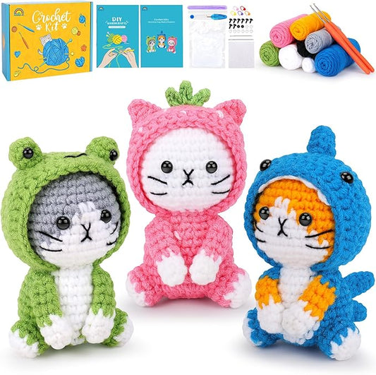 Crochet Kit for Beginners - 3 PCS Crochet Kits with Step-by-Step Video Tutorials, Beginner Crochet Kit for Adults, Crochet Animal Kit for Starters, Cat Dressed as Shark Frog Strawberry