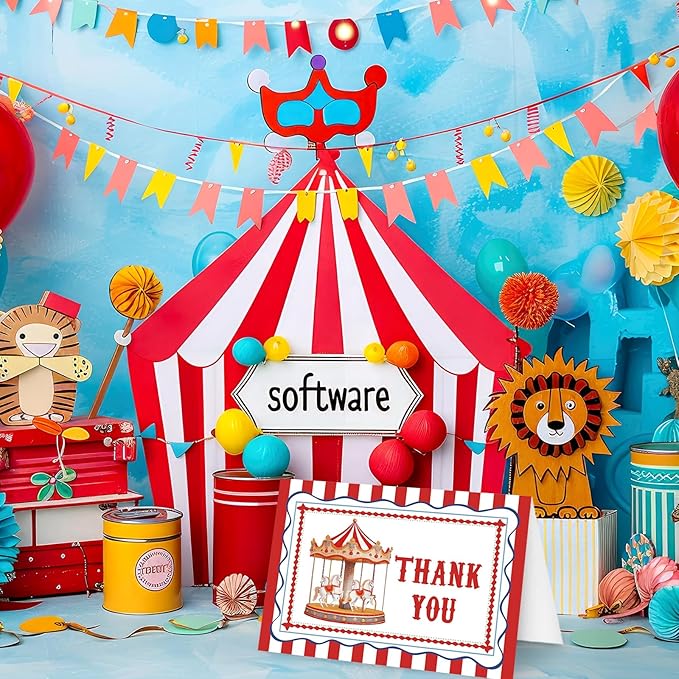 Whaline 24 Pack Circus Theme Thank You Cards Greeting Cards Red White Stripe Carousel Blank Note Card with Envelopes Stickers for Birthday Party Baby Shower Carnival, 4 x 6 Inch