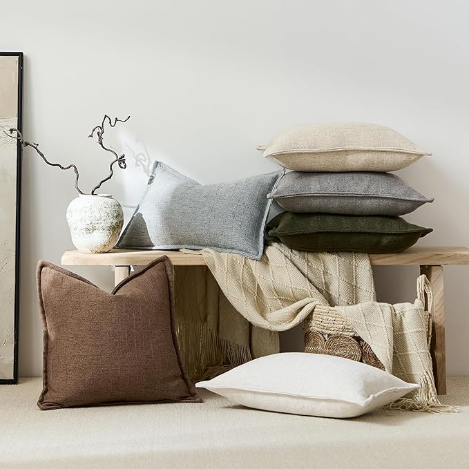 20x20 Linen Pillow Covers Beige Pack of 2 Farmhouse Boho Neutral Accents Striped Textured Square Decorative Throw Pillow Cases for Living Room Couch Bed Home Decor