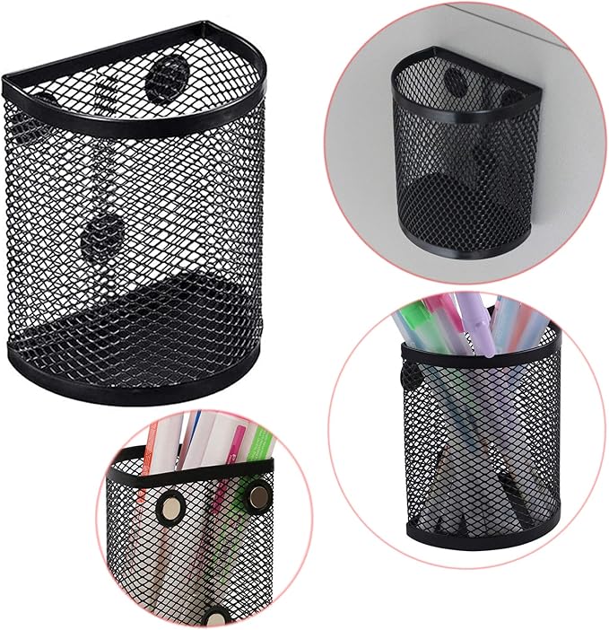 Mantouxixi 2 Pack Magnetic Pencil Holder Fridge, Metal Mesh Basket Storage Organizer with Extra Strong Magnet to Hold Refrigerator, Locker Accessories, Office Supplies - Black (Semicircle)
