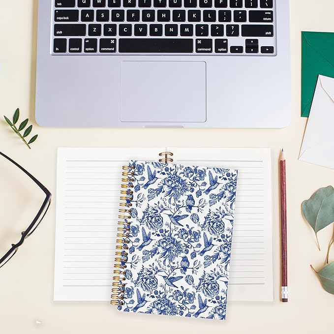BearCake Chinoiserie Grandmillennial Notebook Journal, Blue Floral Aesthetic Notebook, Chinoiserie Journal, Blue Aesthetic Office Supplies, Notebooks for Work, Hardcover Spiral Notebook 5.5x8.3