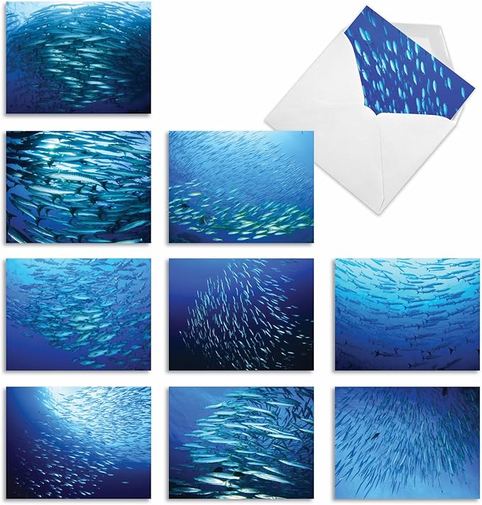 The Best Card Company - 10 All Occasion Blank Cards for Men and Women (4 x 5.12 Inch) - Nautical, Ocean, Sea Life Assortment of Notecards - Deep Thoughts M2012