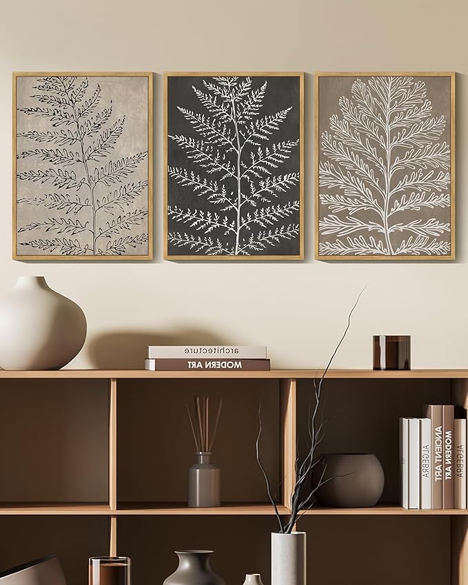 KUVIOKE Vintage Botanical Framed Wall Art Bohemian Tan Plant Leaf Wall Decor Nature Fern Plant Silhouette Wall Painting Home Decor 12x16in (Natural Framed)