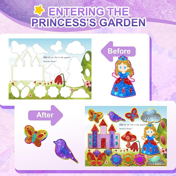 SOOVSY Magnetic Foil Art & Craft Fun Kit for Kids, Princess Foil Story Book with 77 Magnets & 100 Color Sheet, DIY Creative Activity, Travel Toys, Gifts Set for Ages 4, 5, 6, 7, 8, 9