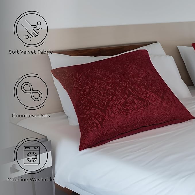 Encasa Luxury Embossed Velvet Cushion Covers - Plush Throw Pillow Covers for Elegant Living Rooms & Bedrooms, Machine Washable, 18x18 Maroon | Set of 2 | Covers Only No Insert.