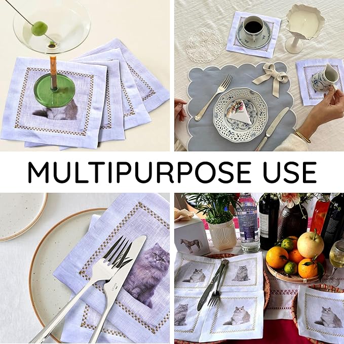 Cocktail Napkins Set of 6, 6x6 inch, 100% Linen, Printed Animal Pattern, Reusable & Washable Cloth Coasters for Beverages, Hosting, Gifting & Everyday Use (Cat Meme)