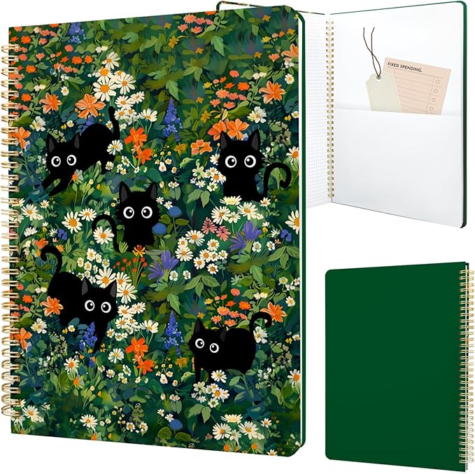 Cute Spiral Notebook journal A4 Aesthetic Pretty Design for Women Girls Kawaii with Pocket, 8.5 x 11 inch, Graph, Cat Garden