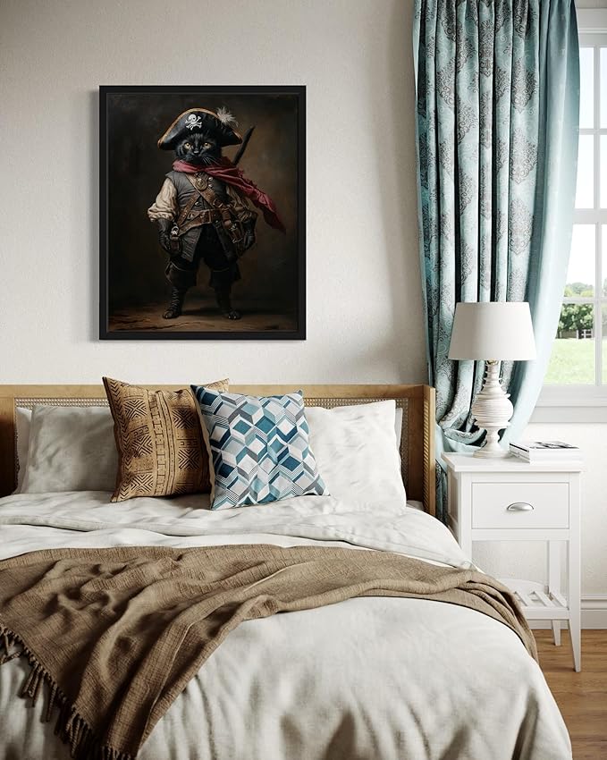 Pirate Cat Art Poster Print, Kitten Painting Humor Portrait Pet Artwork Decor Gallery A8 (Pirate Cat, 11 x 14 inches, Black Frame)