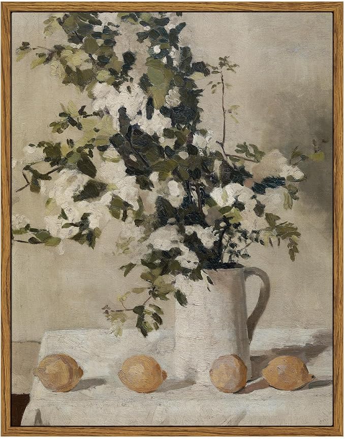 VIYYIEA Vintage Wall Art Kitchen Decor, Flowers and Lemons Pictures Painting Botanical Decor, Framed Canvas Prints Art, Farmhouse Decorations for Dining Room Bathroom, 11"x14"