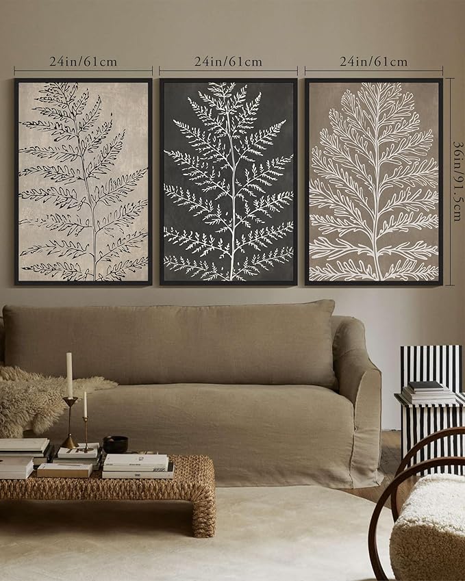 KUVIOKE Vintage Botanical Framed Wall Art Bohemian Tan Plant Leaf Wall Decor Nature Fern Plant Silhouette Wall Painting Home Decor 24x36in (Black Framed)
