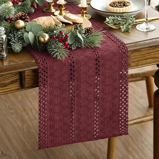 Artoid Mode Red Farmhouse Woven Rustic Hollow Table Runner, Seasonal Holiday Hollow Kitchen Dining Table Decoration for Home Party Decor 12x120 Inch