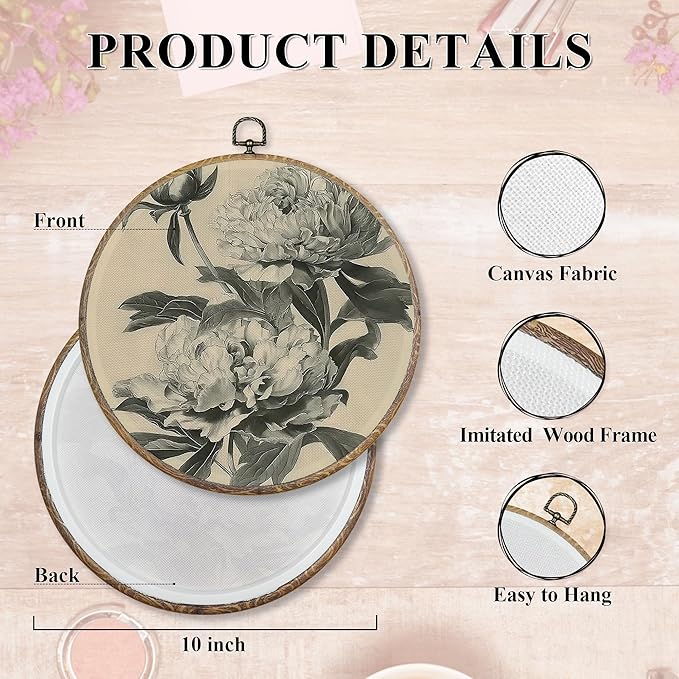 FUGWN Vintage Peony Floral Round Wall Art Decor Framed, Cottagecore Peony Flower Canvas Artwork Prints, Retro Classic Floral Wall Hanging Decorations for Home Bedroom Living Room, 10x10 Inch