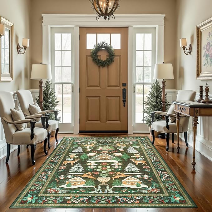 jinchan Christmas Rug 5x7 for Living Room Bedroom Green Holiday Decorative Rug for Dining Room Foyer Christmas Tree and Cabin Printed Xmas Decor Washable Non Slip Floor Carpet