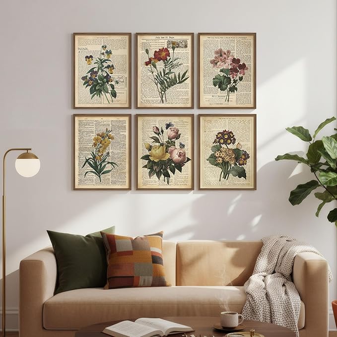 Framed Vintage Floral Wall Art, Set of 6 Colorful Flower Canvas Prints, Rustic Farmhouse Botanical Artwork for Bedroom Living Room Kitchen Dining Room Hallway Office Apartment Home Decor, 11x14 Inch