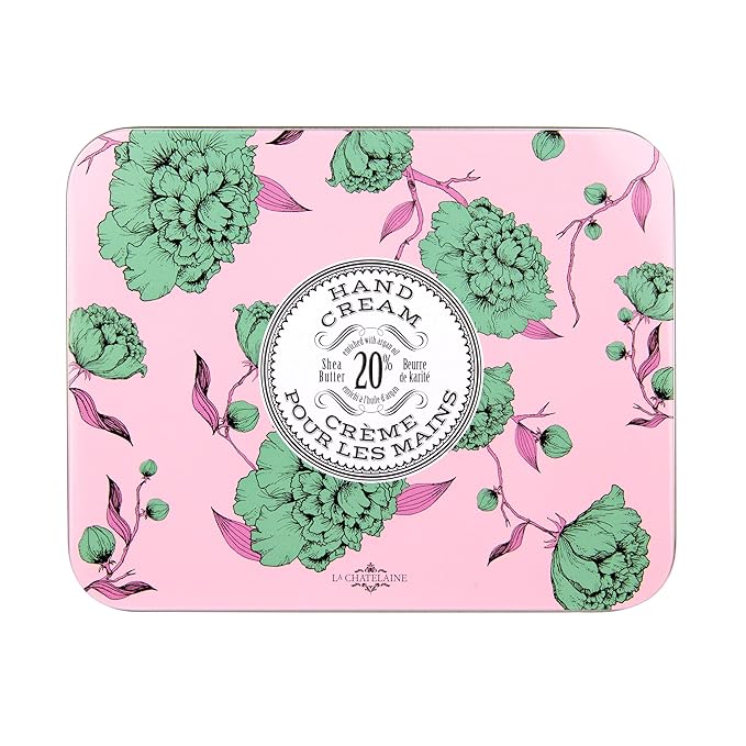 La Chatelaine Rose Hand Cream Trio Tin Gift Set, Ready-To-Gift Tin, Nautral, Made in France with 20% Organic Shea Butter, Nourishing and Moisturizing (Cherry Almond, Pear, Oud Rose)