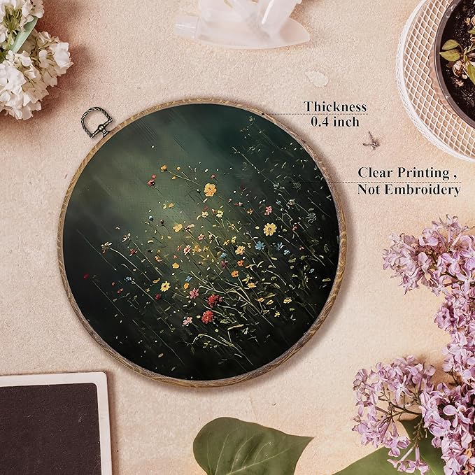 FUGWN Vintage Wildflower Floral Round Wall Art Decor Framed, Dark Cottagecore Moody Flower Botanical Canvas Artwork Prints, Floral Wall Hanging Decorations for Home Bedroom Living Room, 10x10 Inch