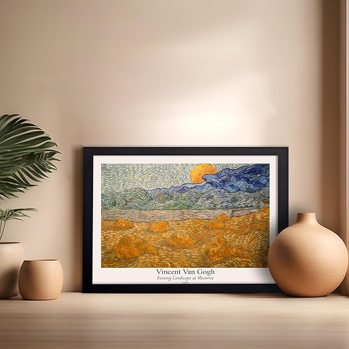 Monem Art Vintage Van Gogh Poster - Retro Evening Landscape at Moonrise Print - Impressionism Art - Fine Art - Classic Painting Art - Aesthetic Living Room Wall Decor - 16x20 Black Framed