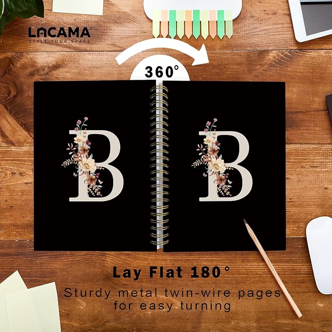 Lacama Cute Initial Letter B School Notebook Journal, Aesthetic Wildflower Personalized Black Spiral Notebook, School Supplies, Customized Monogrammed Gifts, Birthday Gifts for Women, Office Supplies