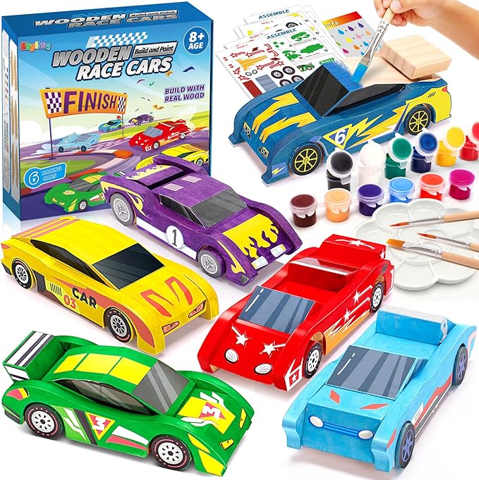 Arts & Crafts Kit DIY Toys for Kids Age 8-12, Build & Paint Your Own Wooden Car, 6 Race Cars, Easy to Assemble Painting Sets, Christmas Birthday Gifts for 4 5 6 7 8 9 10 11 12 Year Old Boys Girls.