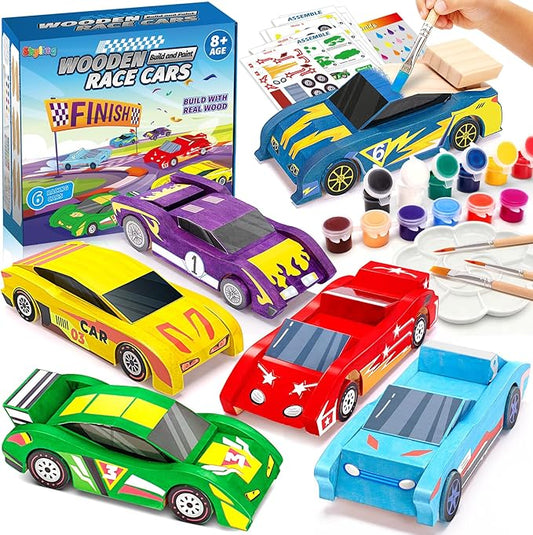 Arts & Crafts Kit DIY Toys for Kids Age 8-12, Build & Paint Your Own Wooden Car, 6 Race Cars, Easy to Assemble Painting Sets, Christmas Birthday Gifts for 4 5 6 7 8 9 10 11 12 Year Old Boys Girls.
