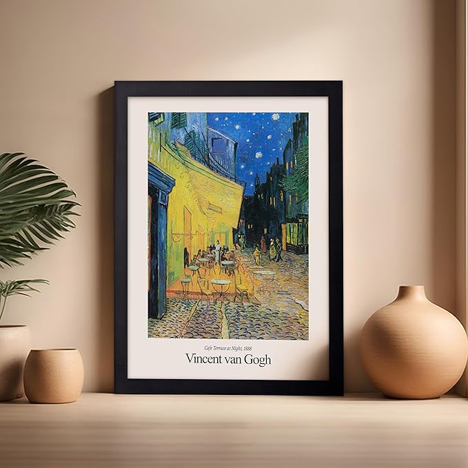 Monem Art Vintage Van Gogh Poster - Retro Impressionist Print - Cafe Terrace at Night, Arles, Stars, Aesthetic - Gift for Artist, Friend - Wall Decor for Home, Office, 16x20 Black Framed