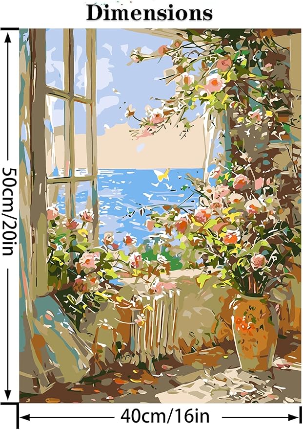 GXGLLPZBY Window Flower Paint by Numbers Kit for Adults Beginner,DIY Window Flower Paint by Numbers for Adults,Easy Canvas Paint by Number Without Frame Home Wall Decor 16 x 20 in