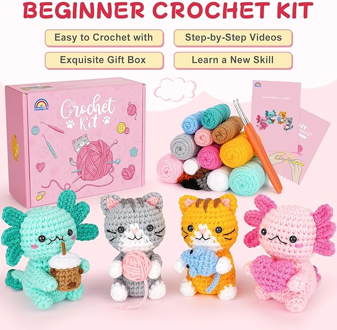Fortuning's JDS Crochet Kit for Beginners, Axolotls & Cat Crochet Kit for Adults Beginner, Complete Crochet Animals Starter Kit with Step-by-Step Video Tutorials, Easy Knitting Kit Cat Crafts Gifts