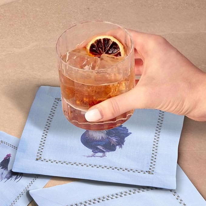 Cocktail Napkins Set of 6, 6x6 inch, 100% Linen, Printed Animal Pattern, Reusable & Washable Cloth Coasters for Beverages, Hosting, Gifting & Everyday Use (Rooster)