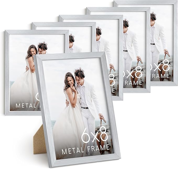 HAUS AND HUES 6x8 Silver Metal Picture Frames - Premium Aluminum Photo Display with Vertical Hanging & Tabletop Stand (6x8 in, Silver, Set of 6)