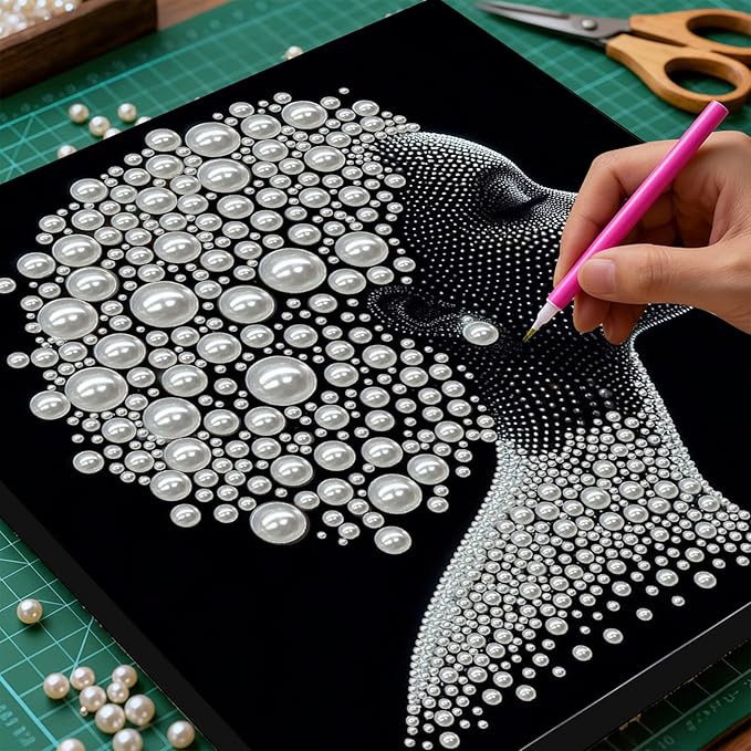 DIY Pearl Painting Kit with Wooden Frame, 3D Plastic Pearl Gemstone Ocean Art Craft for Adults Beginners, Diamond Art Kits for Adults, Home Wall Decor Ready Gift for Women(Woman Closed Eyes)(30*30cm)
