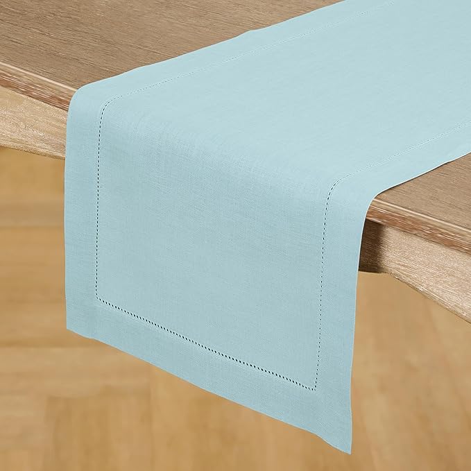 Solino Home Linen Aqua Blue Table Runner 132 Inches Long - 100% Pure Linen Extra Long Table Runner 14 x 132 Inch for Spring, Easter - Classic Hemstitch