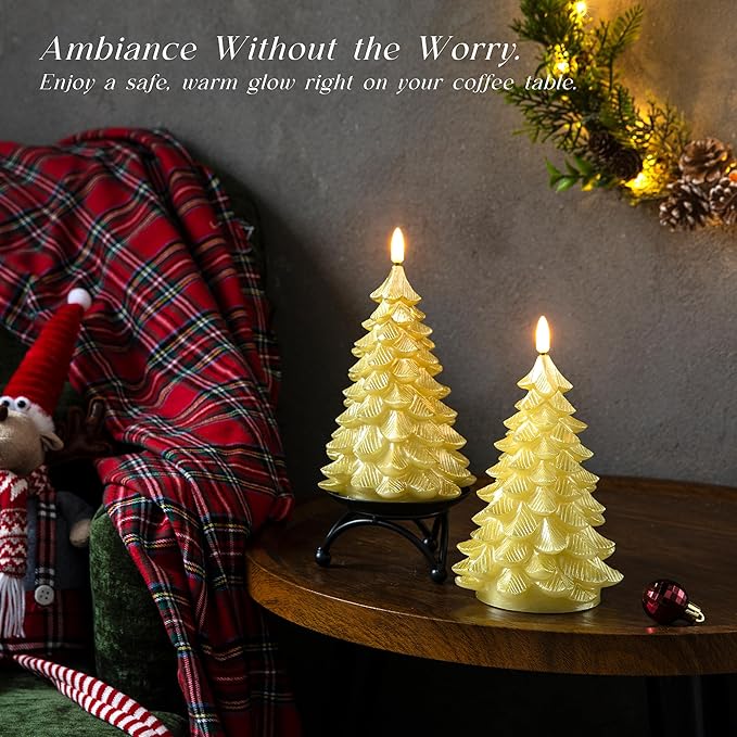 Flameless Candles with Remote Timer, 2 Pack Christmas Tree Candles Battery Operated LED Candles Real Wax Holiday Christmas Decoration for Bedroom Party Festival Gift Gold