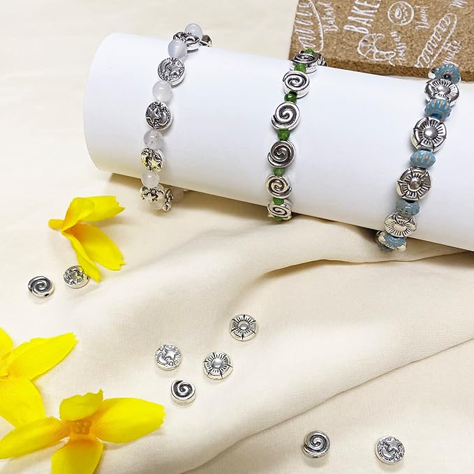 Tibetan Silver Spacer Beads for Jewelry Making - Flat Beads for Necklace, Earring & Bracelet Making Kit - Bulk 77pcs Silver Jewelry Set 8mm