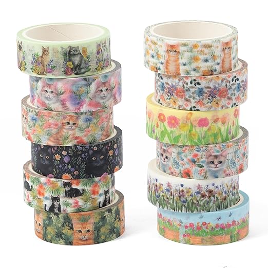 Spring Flower Washi Tape - 12 Rolls Vibrant Cat & Flower Designs, Acid-Free Paper with Residue Free Adhesive for Scrapbooking, Journal Decor, Gift Wrapping, Office Supplies & DIY Crafts